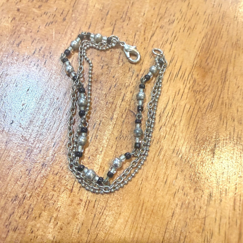 Vintage Multi Strand Layered Beaded Bracelet Silver Black Boho Grunge Chain